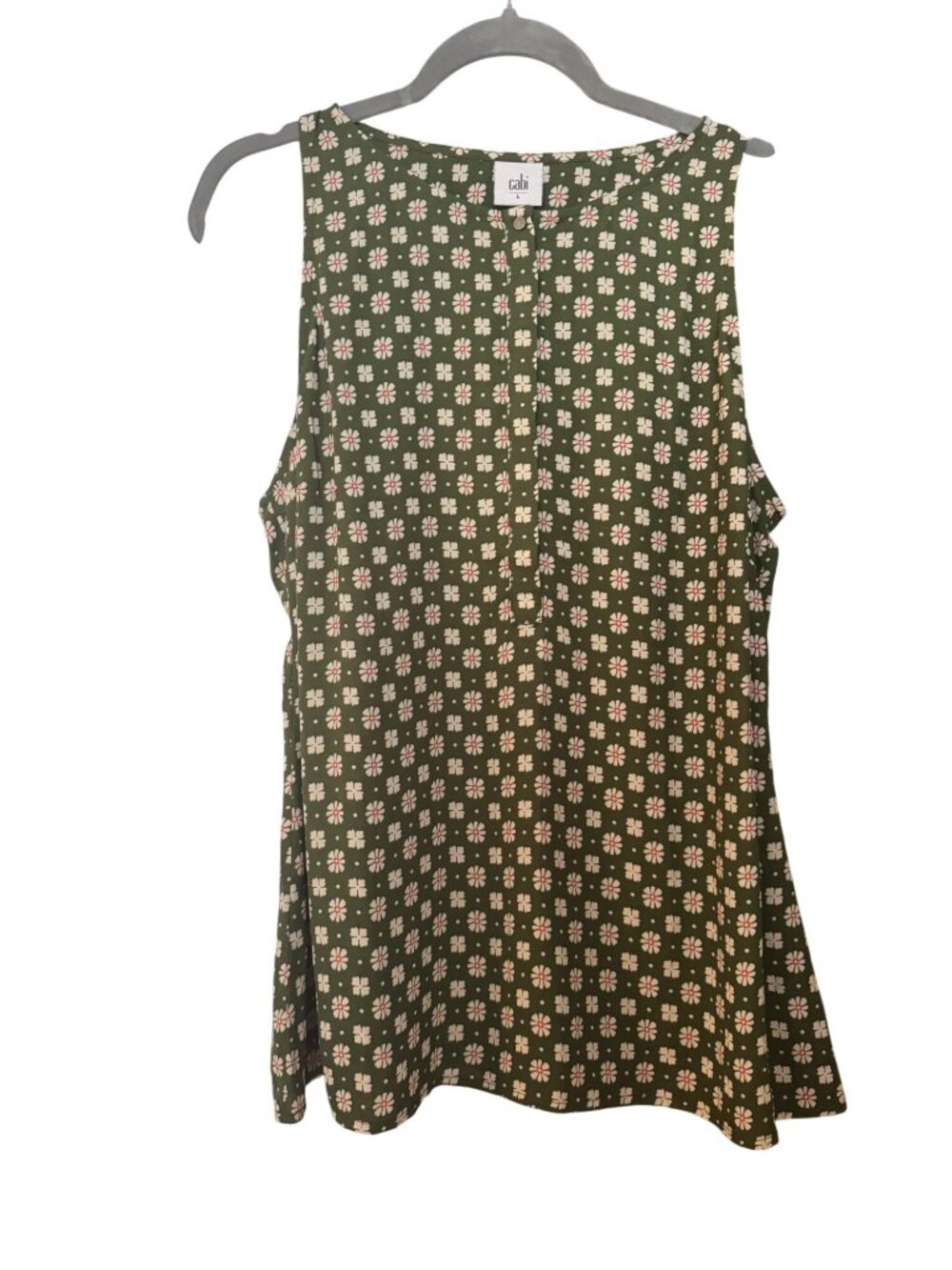CAbi Womens L Olive Green Floral Sleeveless Tunic Blouse Popover Boho Workwear